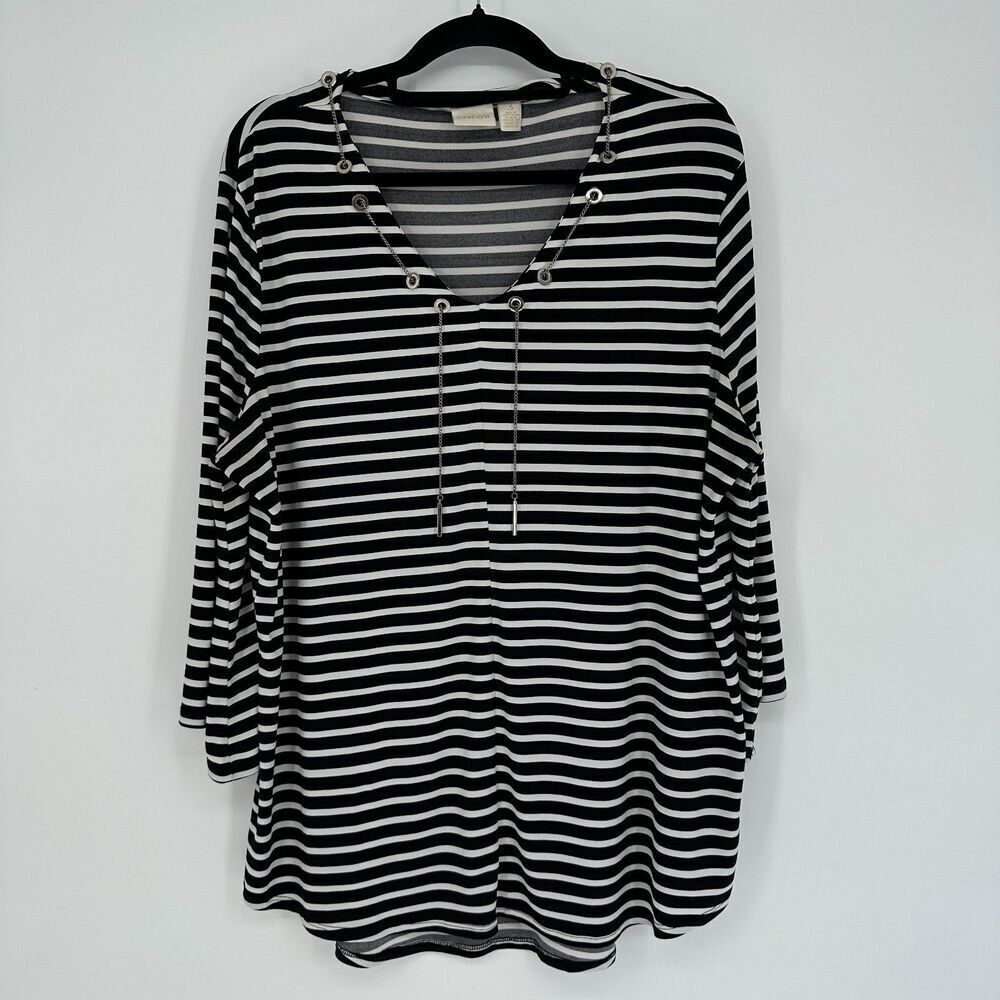Chicos Womens Top Size 3 XL Black White Striped Chain Stretch Office Nautical